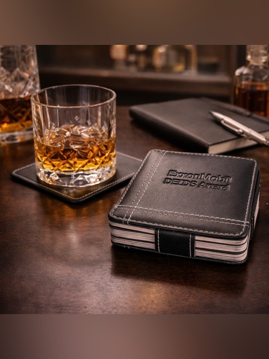 ExxonMobil Leather Coaster Set (6) | Black Stitched | Executive Barware